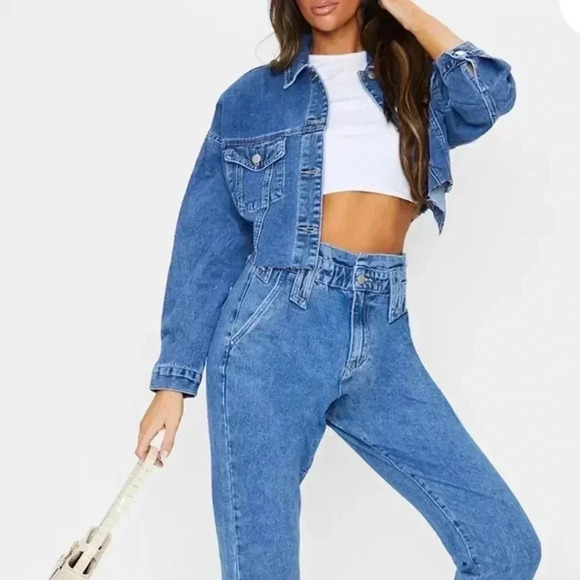 PrettyLittleThing Mid Wash Cropped Denim Jacket. Size 10 - Picture 2 of 6